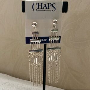 NWT Clip On CHAPS Silver Tassel Fringe Design Dangle Earrings